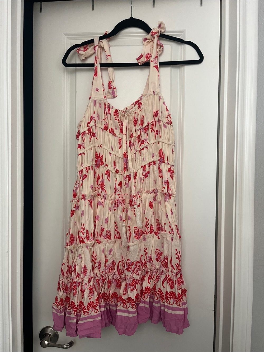 Chelsea & Violet Cream Sundress with Red Floral Print and Purple Hem